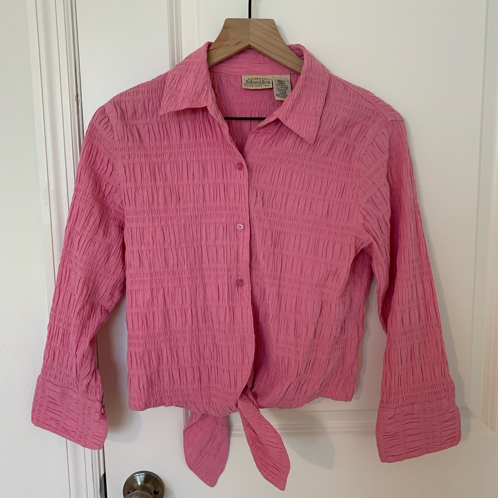 Vintage 90s St. John's Bay Pink Crinkle Button-Up Shirt